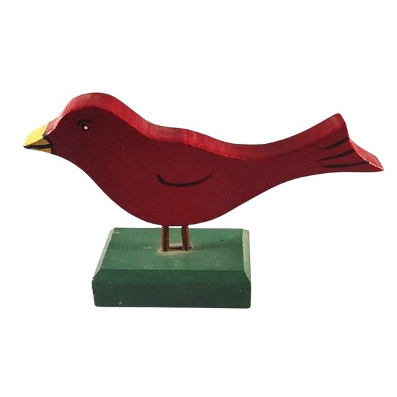 Handcrafted Wooden Red Cardinal Bird Figurine On Green Base 5 x 4" - Picture 3 of 8